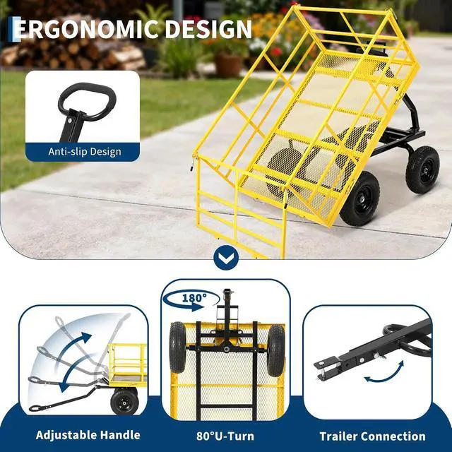 Alt view image 3 of 7 - Patikuin Heavy Duty Steel Garden Cart, 1500 Lbs Capacity 3-in-1 Utility Wagon, 13" All-Terrain Wheels, Removable Side Panels, Towable Trailer for Lawn, Yard, Farm, Tools, Firewood, Black