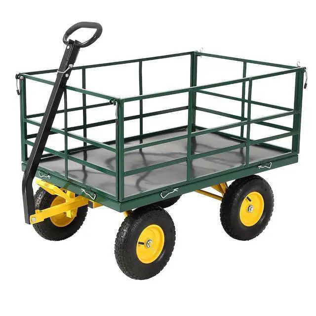 Alt view image 7 of 7 - Patikuin Heavy Duty Steel Garden Cart, 1500 Lbs Capacity 3-in-1 Utility Wagon, 13" All-Terrain Wheels, Removable Side Panels, Towable Trailer for Lawn, Yard, Farm, Tools, Firewood, Green