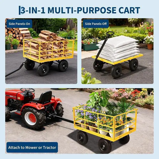 Alt view image 2 of 7 - Patikuin Heavy Duty Steel Garden Cart, 1500 Lbs Capacity 3-in-1 Utility Wagon, 13" All-Terrain Wheels, Removable Side Panels, Towable Trailer for Lawn, Yard, Farm, Tools, Firewood, Yellow