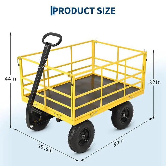 Alt view image 7 of 7 - Patikuin Heavy Duty Steel Garden Cart, 1500 Lbs Capacity 3-in-1 Utility Wagon, 13" All-Terrain Wheels, Removable Side Panels, Towable Trailer for Lawn, Yard, Farm, Tools, Firewood, Black