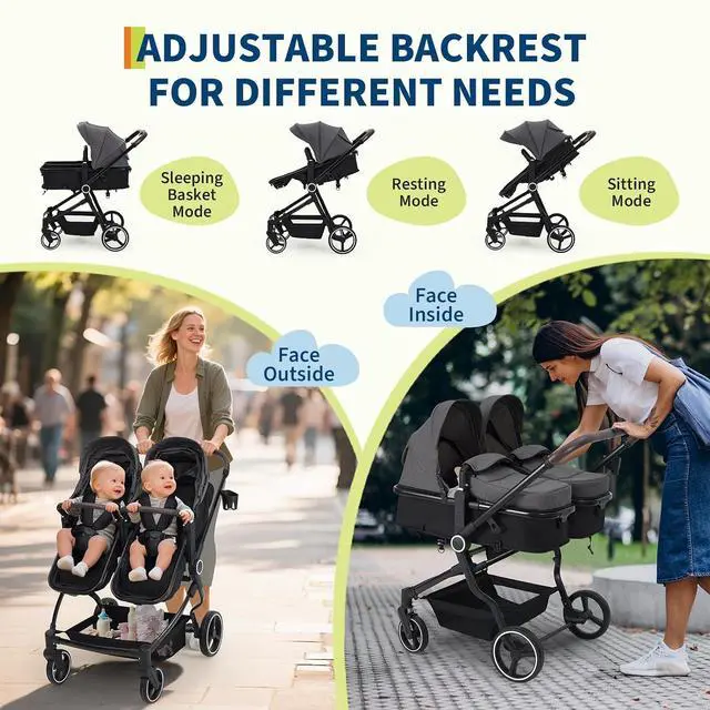 Alt view image 2 of 7 - Double Stroller for Newborn and Toddler, Tandem Strollers with Lightweight Compact Fold, Adjustable Cancline & Canopy, Parent Cup Holders, for Twins Infant Toddler Kids Travel