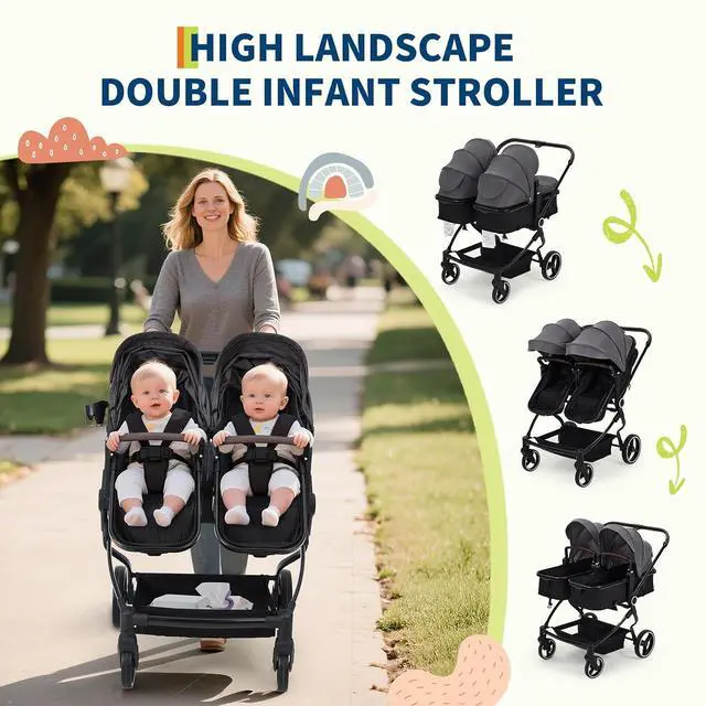 Alt view image 4 of 7 - Double Stroller for Newborn and Toddler, Tandem Strollers with Lightweight Compact Fold, Adjustable Cancline & Canopy, Parent Cup Holders, for Twins Infant Toddler Kids Travel