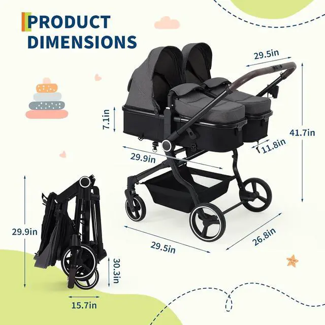 Alt view image 5 of 7 - Double Stroller for Newborn and Toddler, Tandem Strollers with Lightweight Compact Fold, Adjustable Cancline & Canopy, Parent Cup Holders, for Twins Infant Toddler Kids Travel