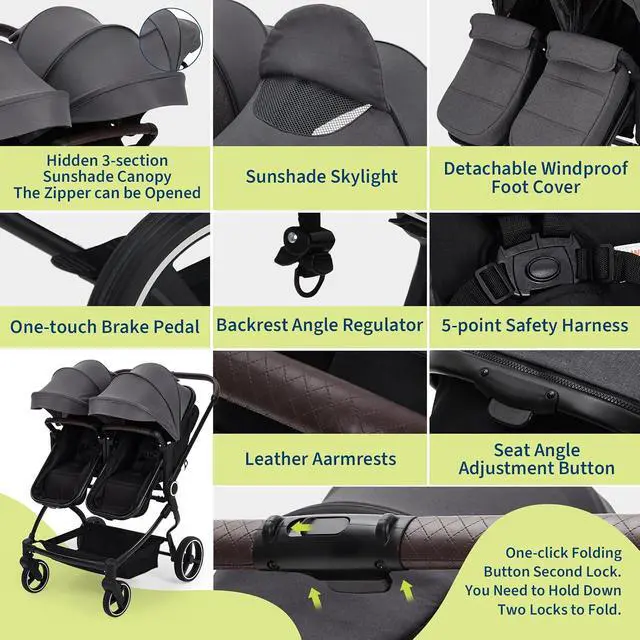Alt view image 6 of 7 - Double Stroller for Newborn and Toddler, Tandem Strollers with Lightweight Compact Fold, Adjustable Cancline & Canopy, Parent Cup Holders, for Twins Infant Toddler Kids Travel