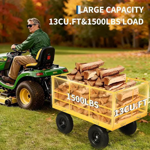 Alt view image 3 of 7 - Patikuin Heavy Duty Steel Garden Cart, 1500 Lbs Capacity 3-in-1 Utility Wagon, 13" All-Terrain Wheels, Removable Side Panels, Towable Trailer for Lawn, Yard, Farm, Tools, Firewood, Yellow