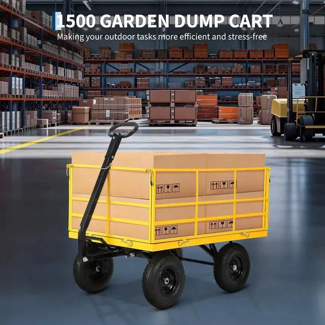 Alt view image 4 of 7 - Patikuin Heavy Duty Steel Garden Cart, 1500 Lbs Capacity 3-in-1 Utility Wagon, 13" All-Terrain Wheels, Removable Side Panels, Towable Trailer for Lawn, Yard, Farm, Tools, Firewood, Yellow