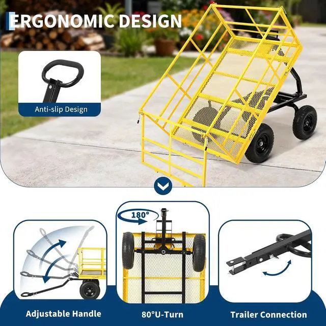 Alt view image 5 of 7 - Patikuin Heavy Duty Steel Garden Cart, 1500 Lbs Capacity 3-in-1 Utility Wagon, 13" All-Terrain Wheels, Removable Side Panels, Towable Trailer for Lawn, Yard, Farm, Tools, Firewood, Yellow