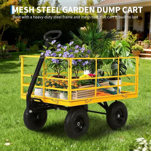 Alt view image 6 of 7 - Patikuin Heavy Duty Steel Garden Cart, 1500 Lbs Capacity 3-in-1 Utility Wagon, 13" All-Terrain Wheels, Removable Side Panels, Towable Trailer for Lawn, Yard, Farm, Tools, Firewood, Yellow