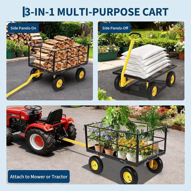Alt view image 2 of 7 - Patikuin 1500 Lbs Heavy Duty Steel Garden Cart, 3-in-1 Utility Wagon with Removable Mesh Sides, 13" All-Terrain Tires for Yard, Lawn & Farm, Black