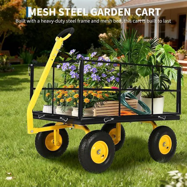 Alt view image 3 of 7 - Patikuin 1500 Lbs Heavy Duty Steel Garden Cart, 3-in-1 Utility Wagon with Removable Mesh Sides, 13" All-Terrain Tires for Yard, Lawn & Farm, Black