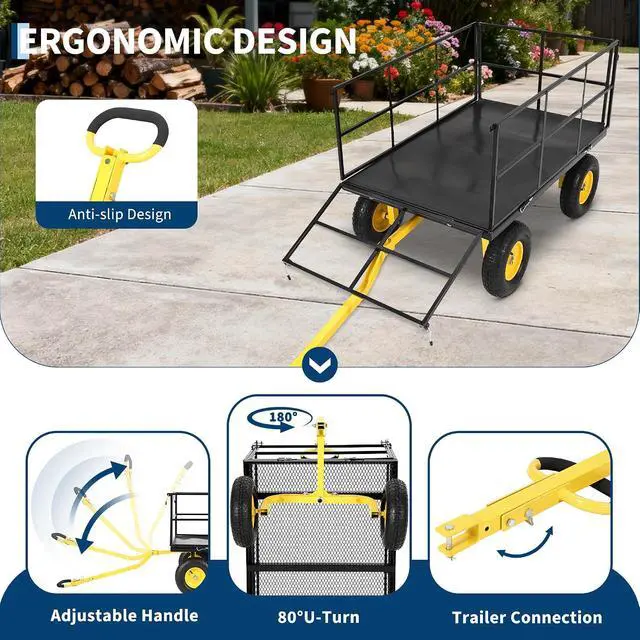 Alt view image 6 of 7 - Patikuin 1500 Lbs Heavy Duty Steel Garden Cart, 3-in-1 Utility Wagon with Removable Mesh Sides, 13" All-Terrain Tires for Yard, Lawn & Farm, Black