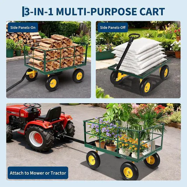 Alt view image 2 of 7 - Patikuin 1500 Lbs Heavy Duty Steel Garden Cart, 3-in-1 Utility Wagon with Removable Mesh Sides, 13" All-Terrain Tires for Yard, Lawn & Farm, Dark Green