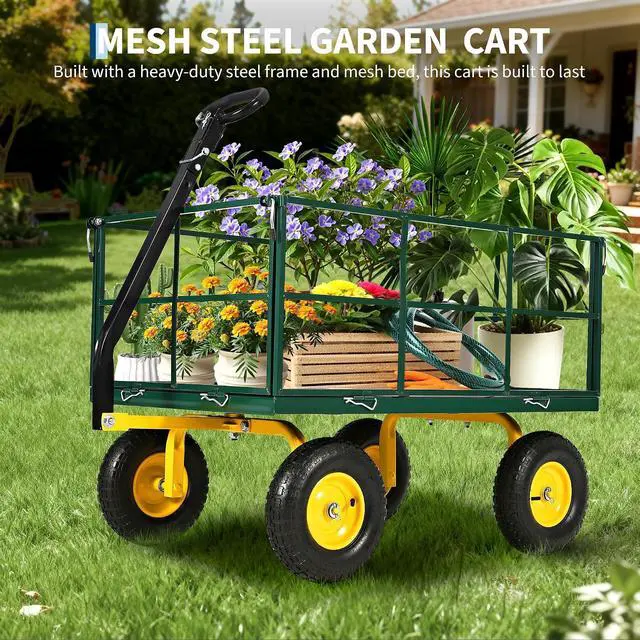 Alt view image 3 of 7 - Patikuin 1500 Lbs Heavy Duty Steel Garden Cart, 3-in-1 Utility Wagon with Removable Mesh Sides, 13" All-Terrain Tires for Yard, Lawn & Farm, Dark Green