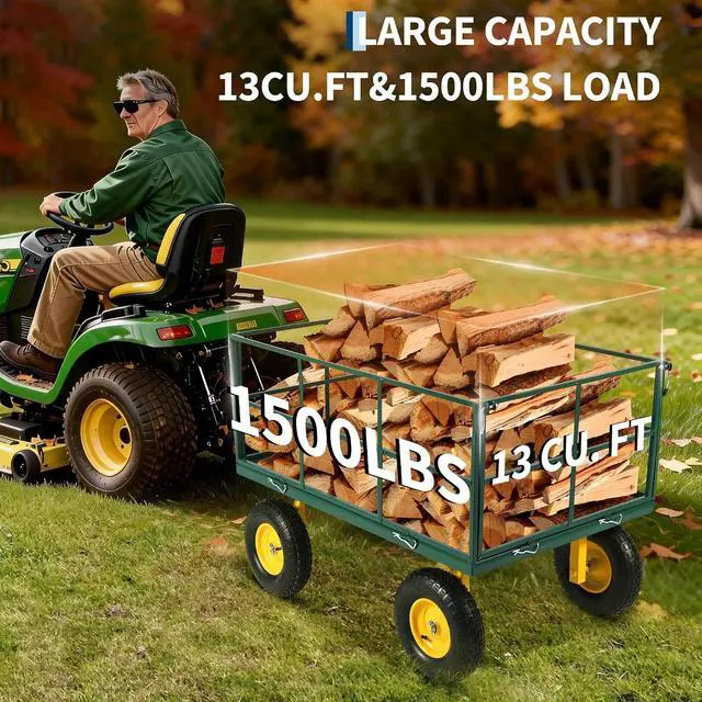 Alt view image 4 of 7 - Patikuin 1500 Lbs Heavy Duty Steel Garden Cart, 3-in-1 Utility Wagon with Removable Mesh Sides, 13" All-Terrain Tires for Yard, Lawn & Farm, Dark Green