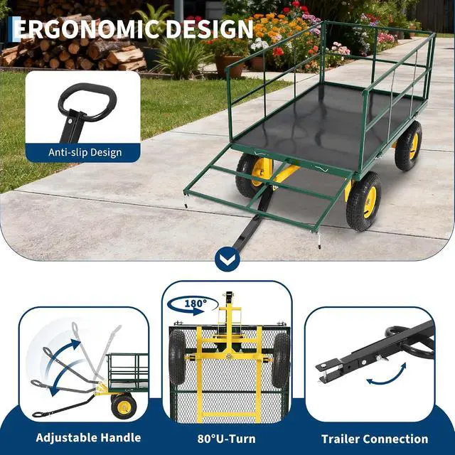 Alt view image 6 of 7 - Patikuin 1500 Lbs Heavy Duty Steel Garden Cart, 3-in-1 Utility Wagon with Removable Mesh Sides, 13" All-Terrain Tires for Yard, Lawn & Farm, Dark Green