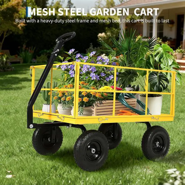 Alt view image 3 of 7 - Patikuin 1500 Lbs Heavy Duty Steel Garden Cart, 3-in-1 Utility Wagon with Removable Mesh Sides, 13" All-Terrain Tires for Yard, Lawn & Farm, Yellow