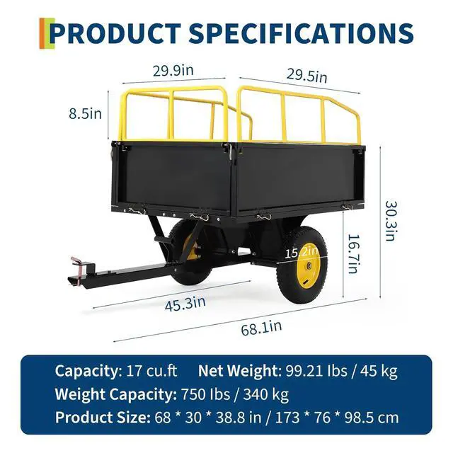 Alt view image 2 of 7 - Patikuin Heavy Duty 750 Lbs 17 Cu.Ft Steel Dump Cart Trailer, Utility Garden Yard Wagon for ATV, UTV, Tractor with Removable Sides, All-Terrain Tires