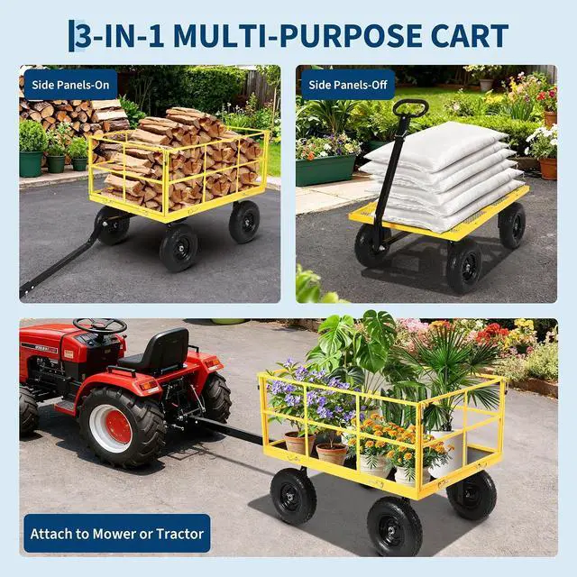 Alt view image 2 of 7 - Patikuin 1500 Lbs Heavy Duty Steel Garden Cart, 3-in-1 Utility Wagon with Removable Mesh Sides, 13" All-Terrain Tires for Yard, Lawn & Farm, Yellow