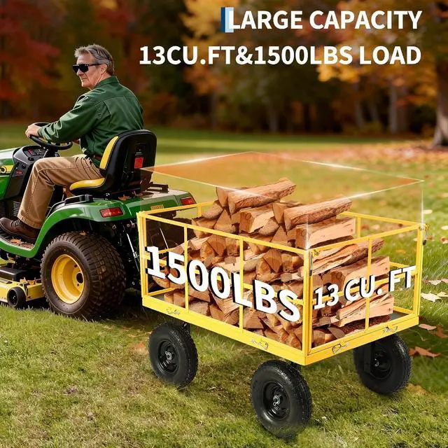 Alt view image 4 of 7 - Patikuin 1500 Lbs Heavy Duty Steel Garden Cart, 3-in-1 Utility Wagon with Removable Mesh Sides, 13" All-Terrain Tires for Yard, Lawn & Farm, Yellow