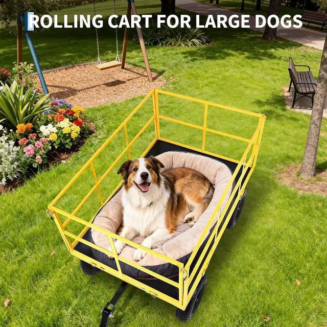 Alt view image 5 of 7 - Patikuin 1500 Lbs Heavy Duty Steel Garden Cart, 3-in-1 Utility Wagon with Removable Mesh Sides, 13" All-Terrain Tires for Yard, Lawn & Farm, Yellow