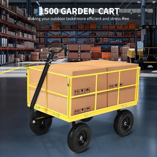 Alt view image 6 of 7 - Patikuin 1500 Lbs Heavy Duty Steel Garden Cart, 3-in-1 Utility Wagon with Removable Mesh Sides, 13" All-Terrain Tires for Yard, Lawn & Farm, Yellow