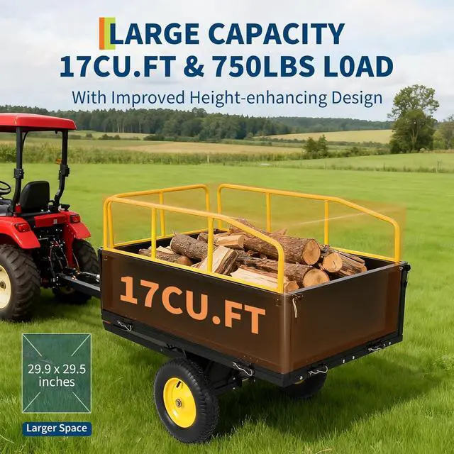 Alt view image 6 of 7 - Patikuin Heavy Duty 750 Lbs 17 Cu.Ft Steel Dump Cart Trailer, Utility Garden Yard Wagon for ATV, UTV, Tractor with Removable Sides, All-Terrain Tires