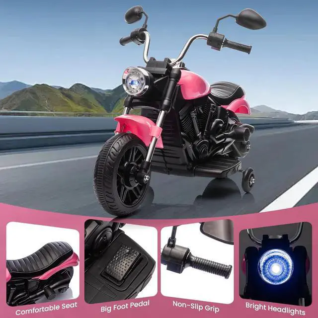 Alt view image 7 of 7 - 12V Electric Motorcycle for Kids, 3-Wheel Ride On Toy w/Detachable Training Wheels, Soft Start, Reverse, Headlight, Horn & Music, Battery Powered Kids Motorcycle for Toddler Boy Girl Ages 3-5, Pink