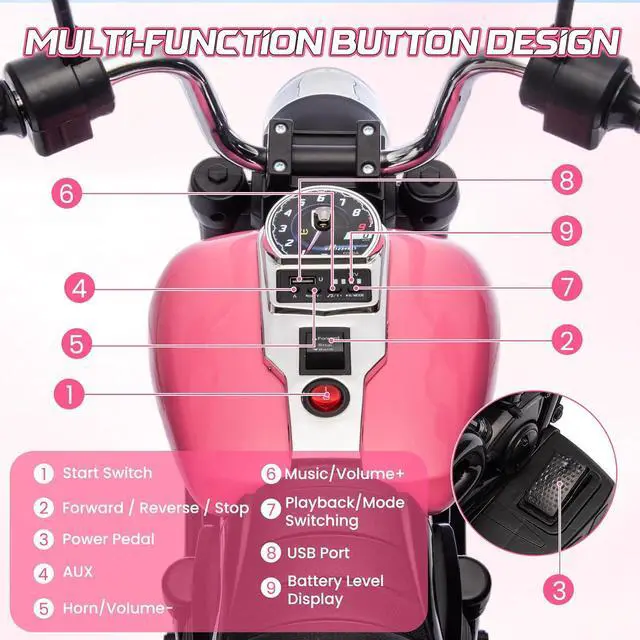 Alt view image 6 of 7 - 12V Electric Motorcycle for Kids, 3-Wheel Ride On Toy w/Detachable Training Wheels, Soft Start, Reverse, Headlight, Horn & Music, Battery Powered Kids Motorcycle for Toddler Boy Girl Ages 3-5, Pink