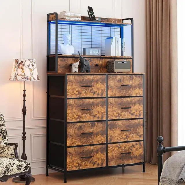 Alt view image 2 of 7 - Patikuin Rustic Dresser with Charging Station & RGB LED Lights, 11-Drawer Vertical Storage for Nursery, Bedroom, Closet, Anti-Tipping Wood Grain Organizer, Tiger Stripes