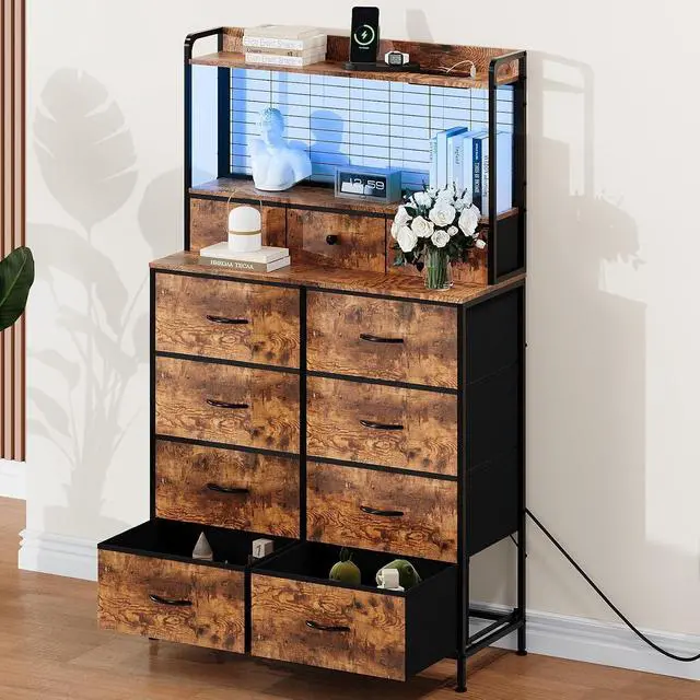Alt view image 4 of 7 - Patikuin Rustic Dresser with Charging Station & RGB LED Lights, 11-Drawer Vertical Storage for Nursery, Bedroom, Closet, Anti-Tipping Wood Grain Organizer, Tiger Stripes