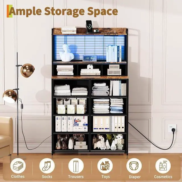 Alt view image 5 of 7 - Patikuin Rustic Dresser with Charging Station & RGB LED Lights, 11-Drawer Vertical Storage for Nursery, Bedroom, Closet, Anti-Tipping Wood Grain Organizer, Tiger Stripes