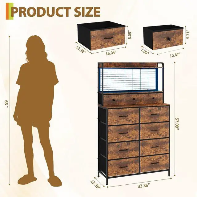 Alt view image 3 of 7 - Patikuin Rustic Dresser with Charging Station & RGB LED Lights, 11-Drawer Vertical Storage for Nursery, Bedroom, Closet, Anti-Tipping Wood Grain Organizer, Tiger Stripes