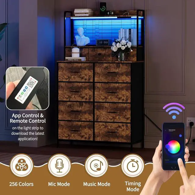 Alt view image 6 of 7 - Patikuin Rustic Dresser with Charging Station & RGB LED Lights, 11-Drawer Vertical Storage for Nursery, Bedroom, Closet, Anti-Tipping Wood Grain Organizer, Tiger Stripes