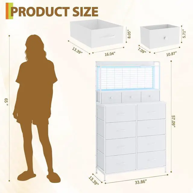 Alt view image 3 of 7 - Patikuin Rustic Dresser with Charging Station & RGB LED Lights, 11-Drawer Vertical Storage for Nursery, Bedroom, Closet, Anti-Tipping Wood Grain Organizer, White