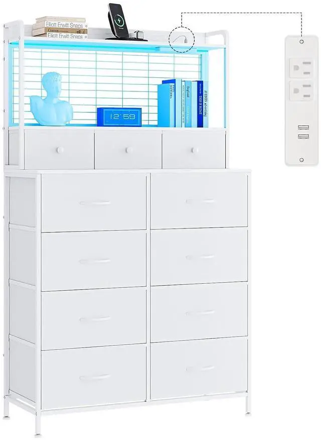 Main image of Patikuin Rustic Dresser with Charging Station & RGB LED Lights, 11-Drawer Vertical Storage for Nursery, Bedroom, Closet, Anti-Tipping Wood Grain Organizer, White