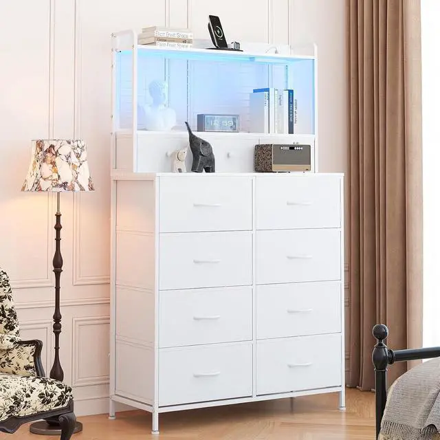 Alt view image 2 of 7 - Patikuin Rustic Dresser with Charging Station & RGB LED Lights, 11-Drawer Vertical Storage for Nursery, Bedroom, Closet, Anti-Tipping Wood Grain Organizer, White