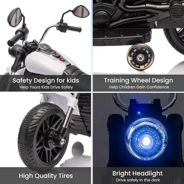 Alt view image 5 of 7 - 12V Electric Motorcycle for Kids, 3-Wheel Ride On Toy w/Detachable Training Wheels, Soft Start, Reverse, Headlight, Horn & Music, Battery Powered Kids Motorcycle for Toddler Boy Girl Ages 3-5, White