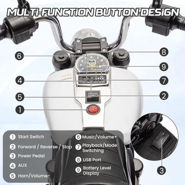 Alt view image 6 of 7 - 12V Electric Motorcycle for Kids, 3-Wheel Ride On Toy w/Detachable Training Wheels, Soft Start, Reverse, Headlight, Horn & Music, Battery Powered Kids Motorcycle for Toddler Boy Girl Ages 3-5, White