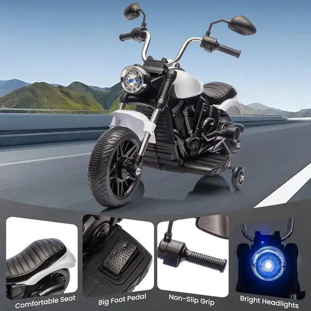 Alt view image 7 of 7 - 12V Electric Motorcycle for Kids, 3-Wheel Ride On Toy w/Detachable Training Wheels, Soft Start, Reverse, Headlight, Horn & Music, Battery Powered Kids Motorcycle for Toddler Boy Girl Ages 3-5, White