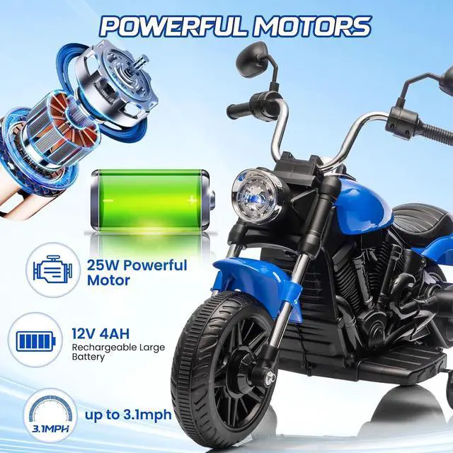 Alt view image 3 of 7 - 12V Electric Motorcycle for Kids, 3-Wheel Ride On Toy w/Detachable Training Wheels, Soft Start, Reverse, Headlight, Horn & Music, Battery Powered Kids Motorcycle for Toddler Boy Girl Ages 3-5, Blue