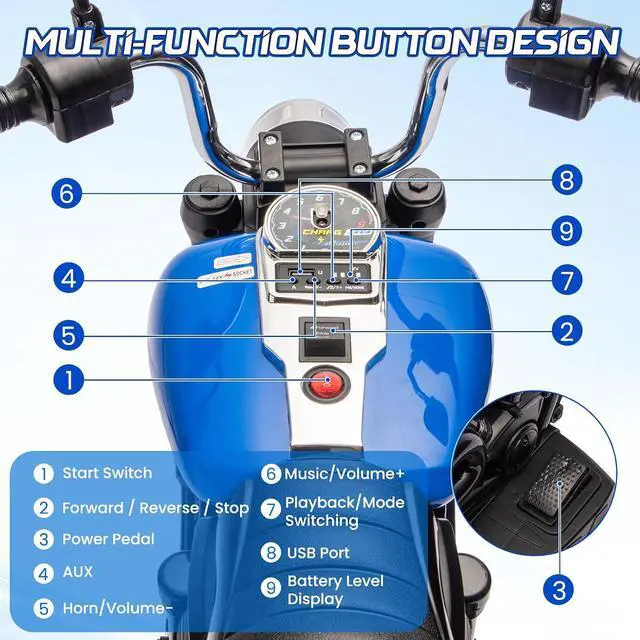Alt view image 6 of 7 - 12V Electric Motorcycle for Kids, 3-Wheel Ride On Toy w/Detachable Training Wheels, Soft Start, Reverse, Headlight, Horn & Music, Battery Powered Kids Motorcycle for Toddler Boy Girl Ages 3-5, Blue