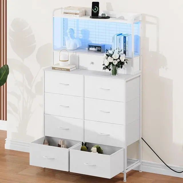 Alt view image 4 of 7 - Patikuin Rustic Dresser with Charging Station & RGB LED Lights, 11-Drawer Vertical Storage for Nursery, Bedroom, Closet, Anti-Tipping Wood Grain Organizer, White