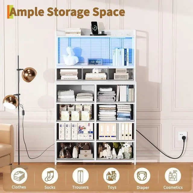 Alt view image 5 of 7 - Patikuin Rustic Dresser with Charging Station & RGB LED Lights, 11-Drawer Vertical Storage for Nursery, Bedroom, Closet, Anti-Tipping Wood Grain Organizer, White