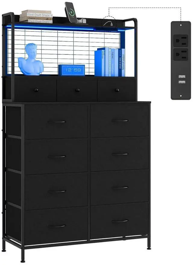 Main image of Patikuin Rustic Dresser with Charging Station & RGB LED Lights, 11-Drawer Vertical Storage for Nursery, Bedroom, Closet, Anti-Tipping Wood Grain Organizer, Black