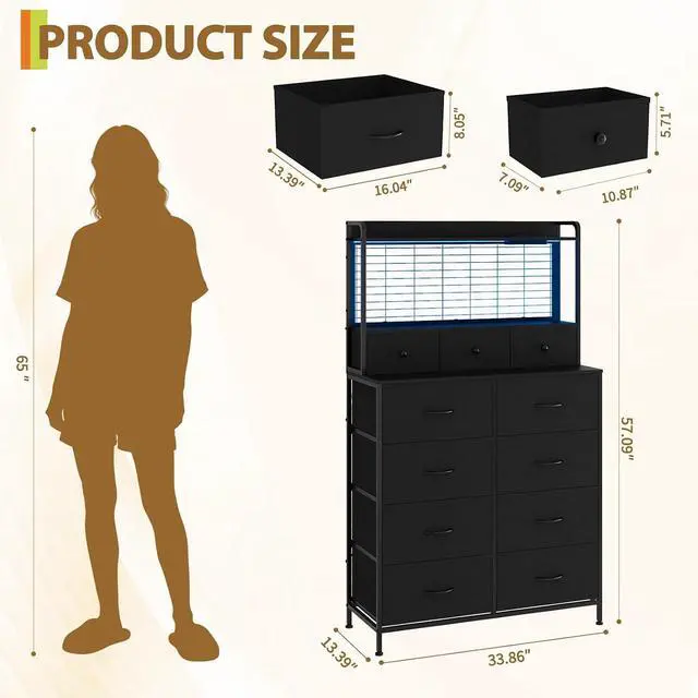 Alt view image 3 of 7 - Patikuin Rustic Dresser with Charging Station & RGB LED Lights, 11-Drawer Vertical Storage for Nursery, Bedroom, Closet, Anti-Tipping Wood Grain Organizer, Black