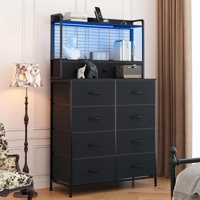 Alt view image 2 of 7 - Patikuin Rustic Dresser with Charging Station & RGB LED Lights, 11-Drawer Vertical Storage for Nursery, Bedroom, Closet, Anti-Tipping Wood Grain Organizer, Black