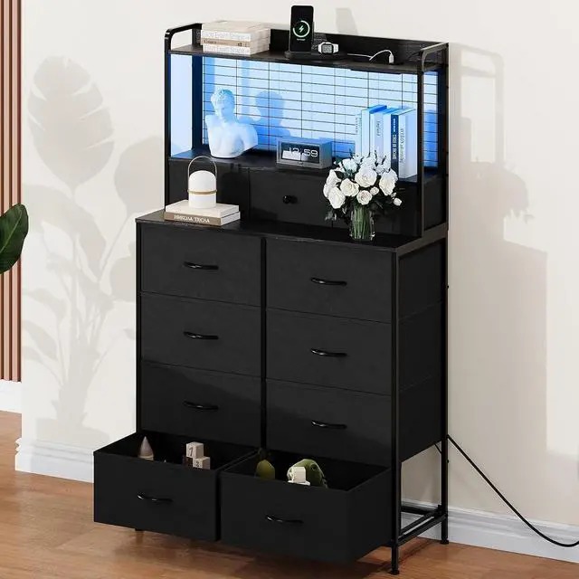 Alt view image 4 of 7 - Patikuin Rustic Dresser with Charging Station & RGB LED Lights, 11-Drawer Vertical Storage for Nursery, Bedroom, Closet, Anti-Tipping Wood Grain Organizer, Black