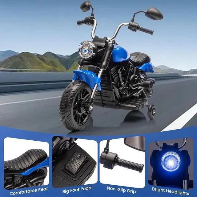 Alt view image 7 of 7 - 12V Electric Motorcycle for Kids, 3-Wheel Ride On Toy w/Detachable Training Wheels, Soft Start, Reverse, Headlight, Horn & Music, Battery Powered Kids Motorcycle for Toddler Boy Girl Ages 3-5, Blue