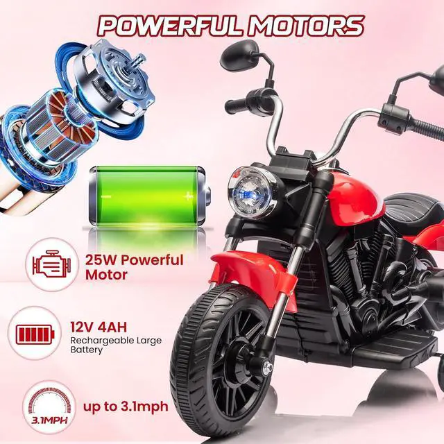 Alt view image 3 of 7 - 12V Electric Motorcycle for Kids, 3-Wheel Ride On Toy w/Detachable Training Wheels, Soft Start, Reverse, Headlight, Horn & Music, Battery Powered Kids Motorcycle for Toddler Boy Girl Ages 3-5, Red