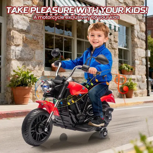 Alt view image 2 of 7 - 12V Electric Motorcycle for Kids, 3-Wheel Ride On Toy w/Detachable Training Wheels, Soft Start, Reverse, Headlight, Horn & Music, Battery Powered Kids Motorcycle for Toddler Boy Girl Ages 3-5, Red